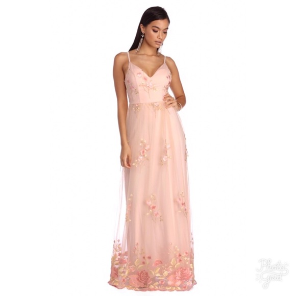Embroidered Flower Prom Dress